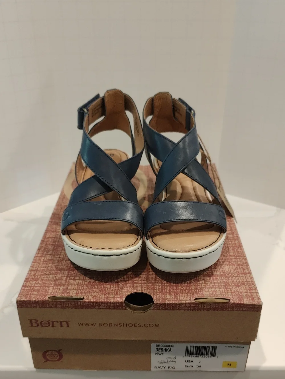 Born Navy Deshka Leather Cross-Strap Wedge Sandals